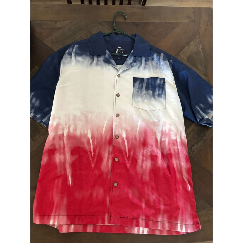 Spicy Tune Men Button Shirt Short Sleeve Red White Blue Size‎ M